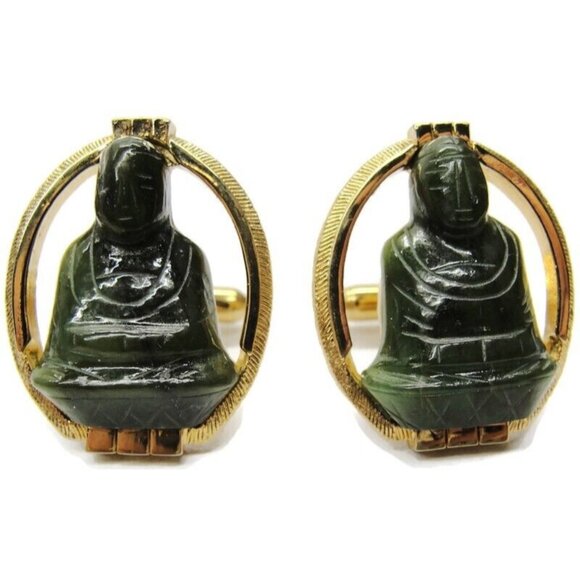 Swank Carved Buddha Green Jade Gold Tone Cufflinks Tux Suit Vintage - Picture 1 of 8